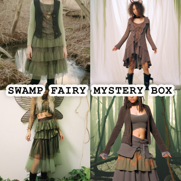 Collage with four pictures of girls wearing Swamp Fairy vintage outfits and text reads 'Swamp Fairy Mystery Box'